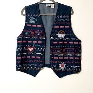 Napa Valley Petites Denim Chambray Floral Embroidered Patchwork Vest Size Medium